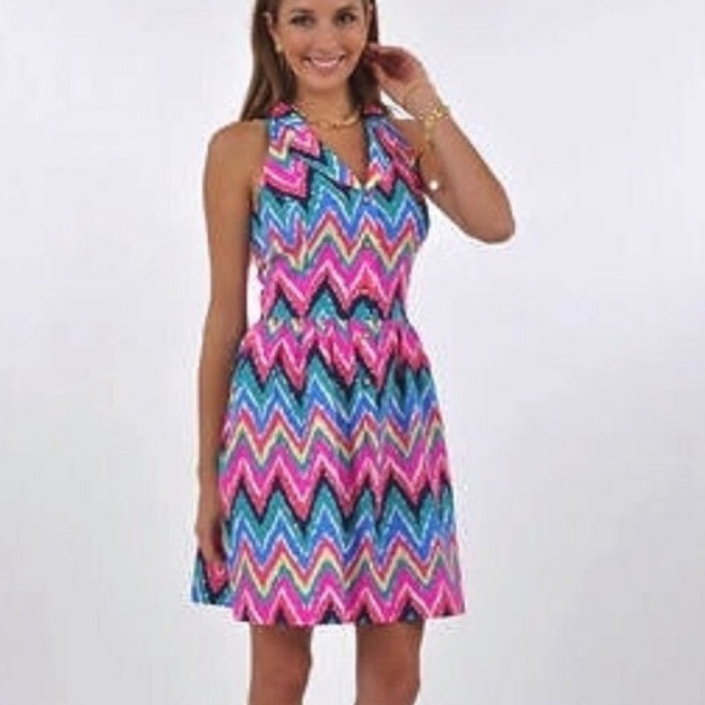 Lilly Pulitzer Sherlynn Halter Fit & Flare Dress, Bright Chevron Stripes, Sz 0
